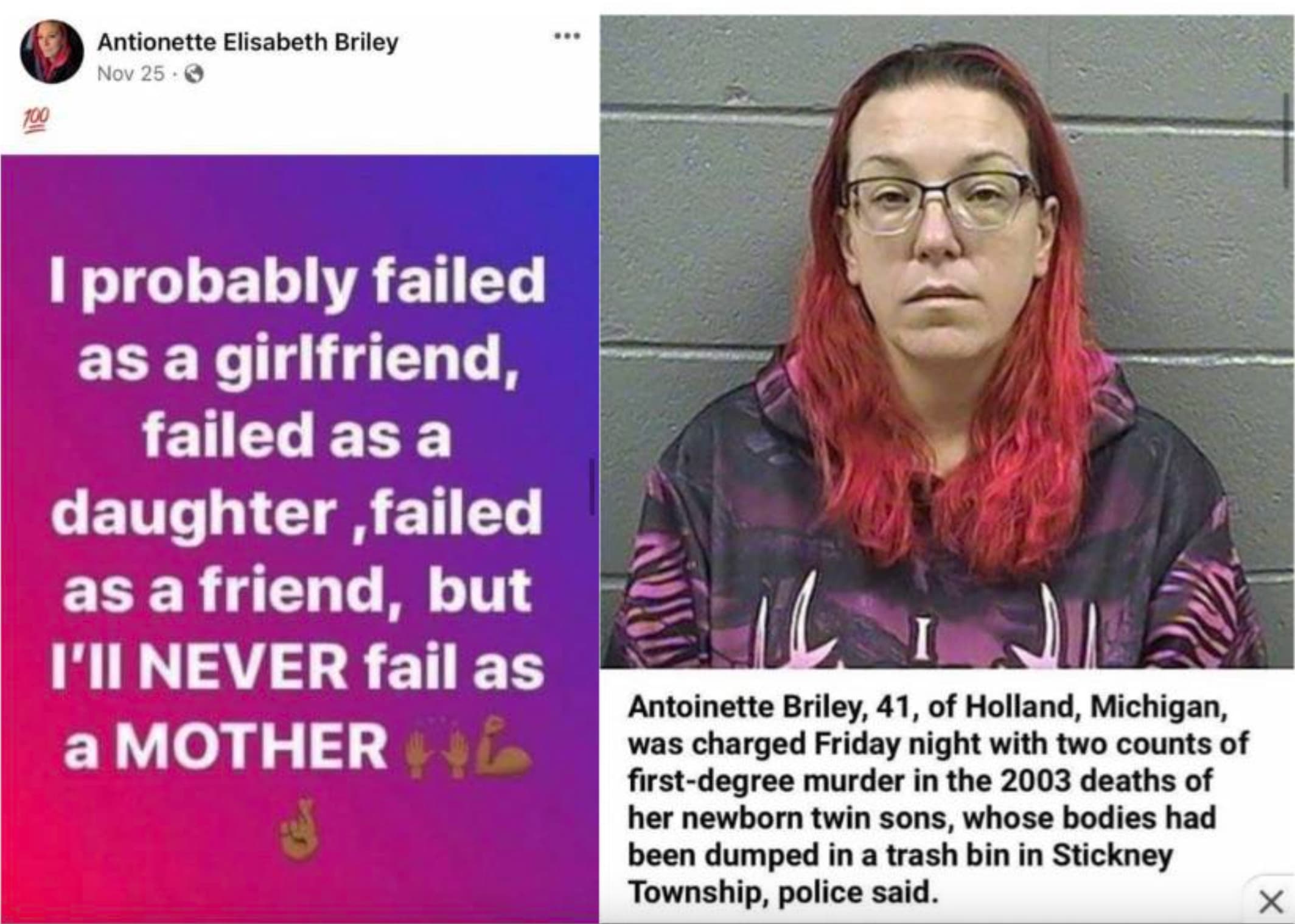 antoinette briley - 100 Antionette Elisabeth Briley Nov 25 I probably failed as a girlfriend, failed as a daughter,failed as a friend, but I'll Never fail as a Motherl Antoinette Briley, 41, of Holland, Michigan, was charged Friday night with two counts o